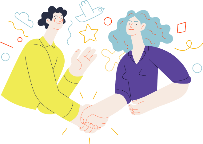 Image of two cartoon people shaking hands for the Contact Us page
