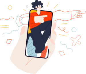 Social Media Cartoon person coming out of a mobile phone