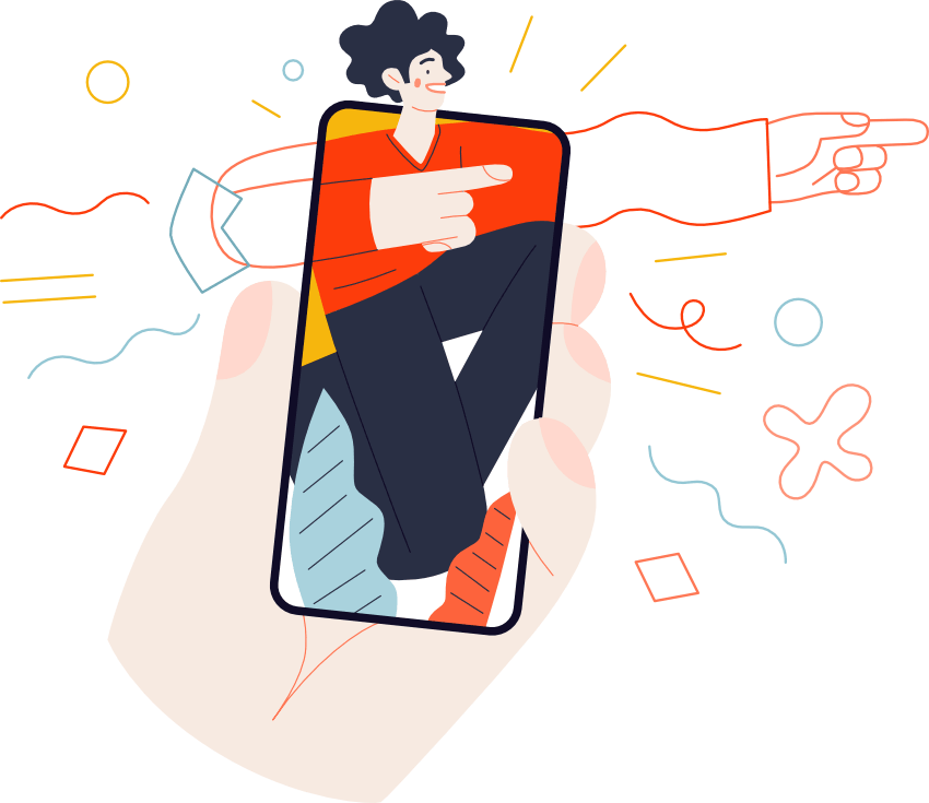 Social Media Cartoon person coming out of a mobile phone