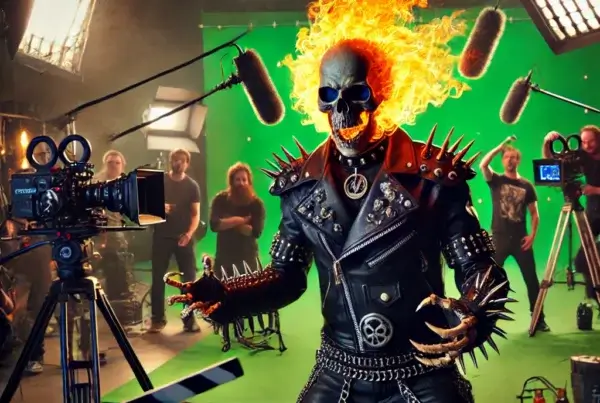 Nicolas Cage As skeletal figure with a flaming skull, dressed in a black leather jacket adorned with spikes and chains, stands in an action pose on a movie set. The flames on the skull are intense, flickering in bright orange and yellow, creating a fiery aura. The figure is surrounded by a busy film crew, including cameramen, boom mic operators, and a director holding a clapperboard. The backdrop features a green screen, lights, and other movie set equipment, blending the fierce, supernatural character with the humorous chaos of a behind-the-scenes movie production. Nicolas Cage's work ethic inspires!