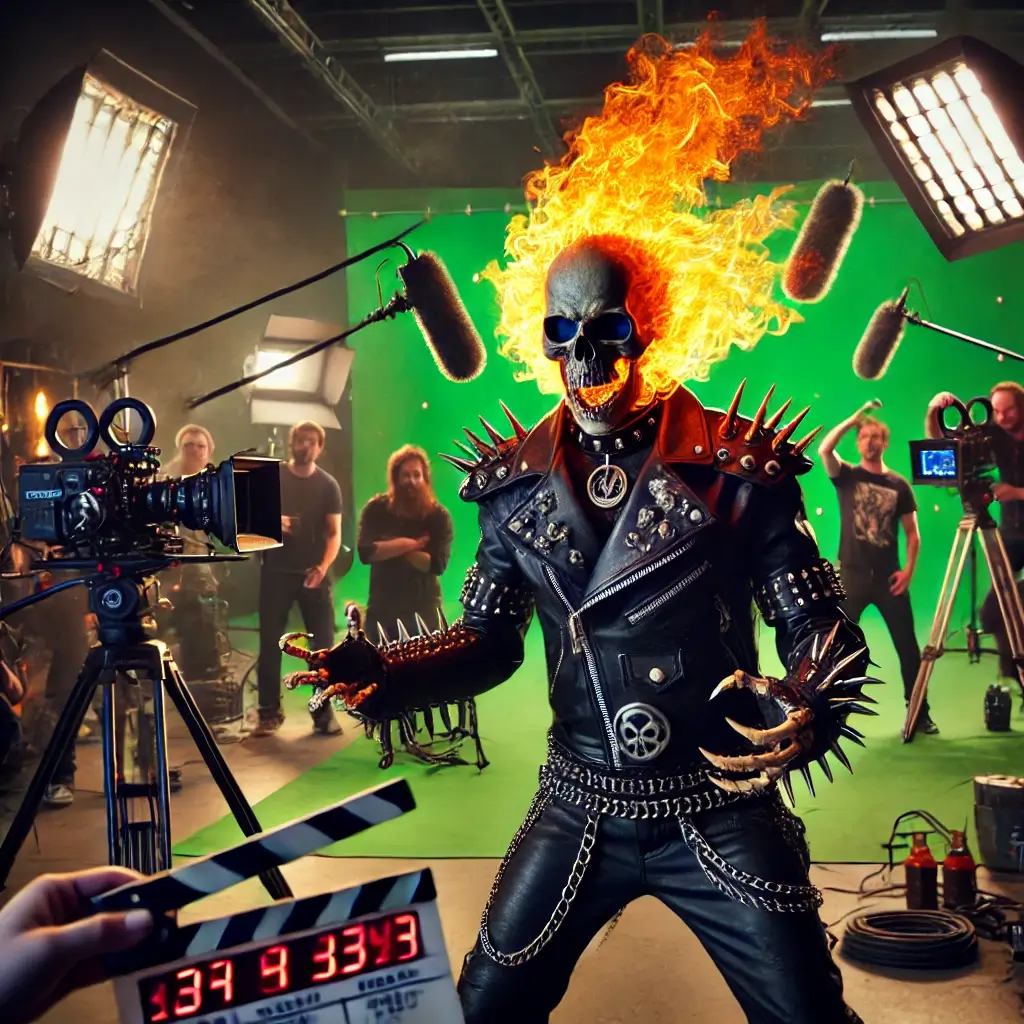 Nicolas Cage As skeletal figure with a flaming skull, dressed in a black leather jacket adorned with spikes and chains, stands in an action pose on a movie set. The flames on the skull are intense, flickering in bright orange and yellow, creating a fiery aura. The figure is surrounded by a busy film crew, including cameramen, boom mic operators, and a director holding a clapperboard. The backdrop features a green screen, lights, and other movie set equipment, blending the fierce, supernatural character with the humorous chaos of a behind-the-scenes movie production. Nicolas Cage's work ethic inspires!